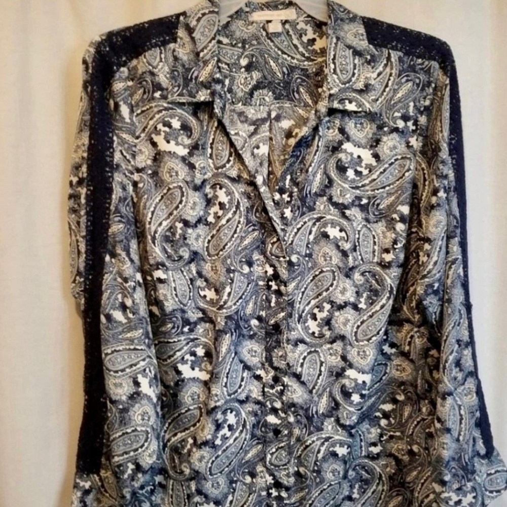 Like New Westport 1962 Navy & White Silky Button-up Blouse w Crochet Detail 2X